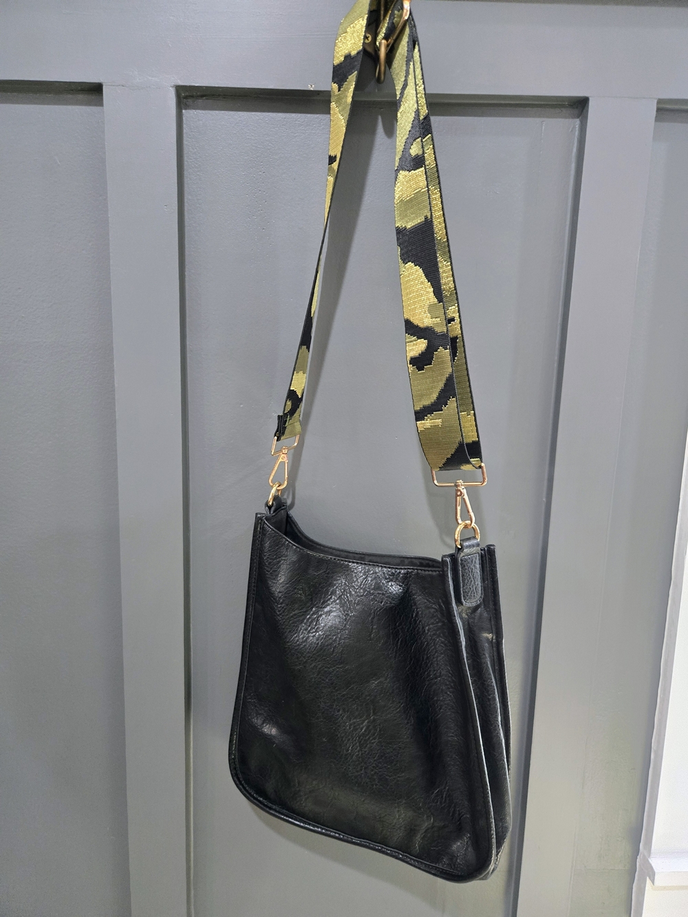 Black Faux Leather Crossbody Bag with Interchangeable Camo Strap